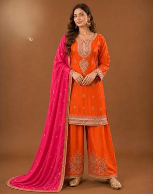 Premium chinon silk embroidered farshi suit set with sequin codding work & dupatta 1