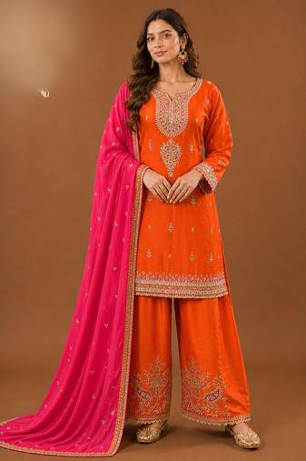 Premium chinon silk embroidered farshi suit set with sequin codding work & dupatta