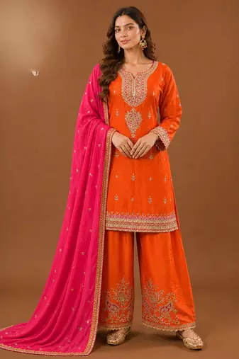 Premium chinon silk embroidered farshi suit set with sequin codding work & dupatta
