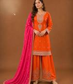 Premium chinon silk embroidered farshi suit set with sequin codding work & dupatta