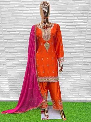 Premium chinon silk embroidered farshi suit set with sequin codding work & dupatta 2
