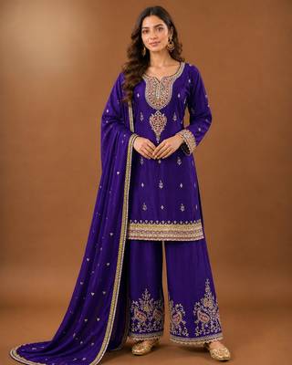 Premium chinon silk embroidered farshi suit set with sequin codding work & dupatta 1