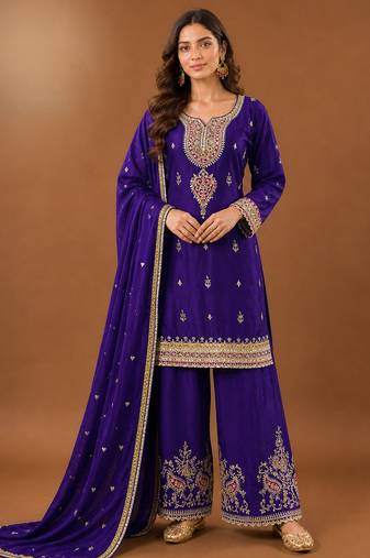 Premium chinon silk embroidered farshi suit set with sequin codding work & dupatta