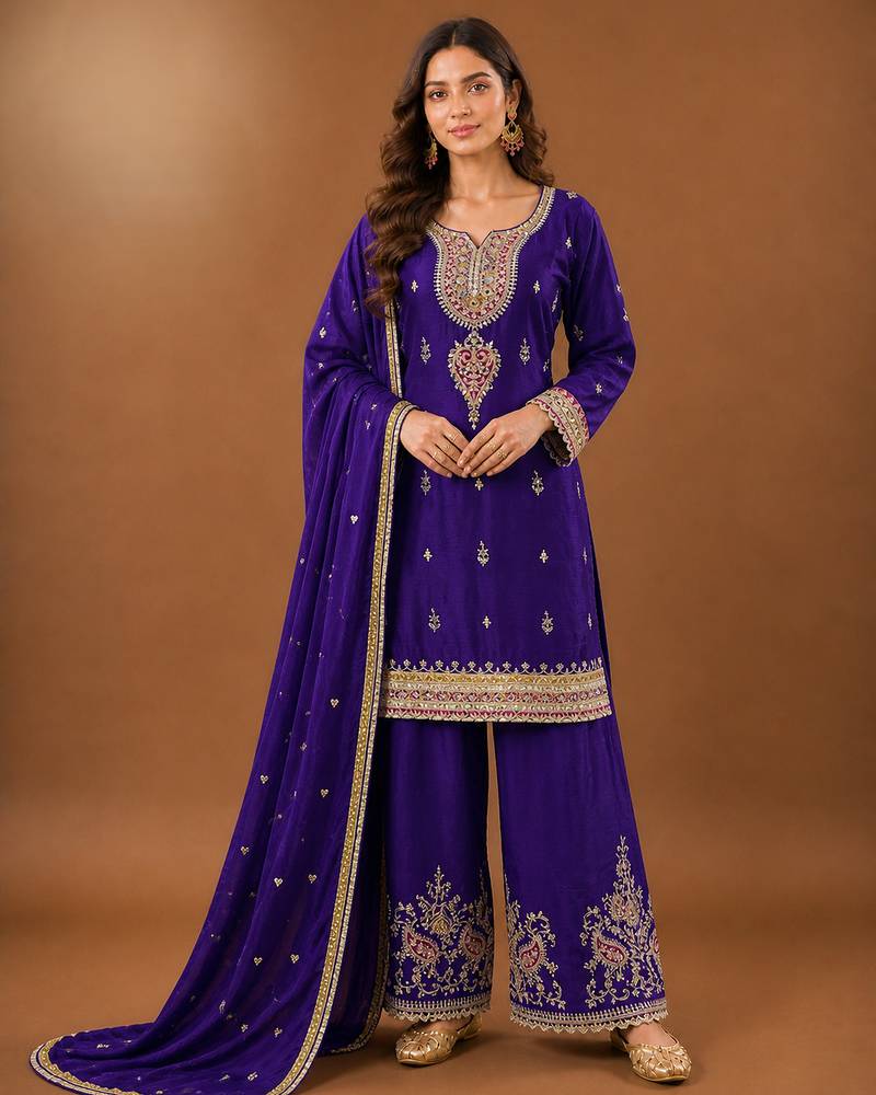 Premium chinon silk embroidered farshi suit set with sequin codding work & dupatta