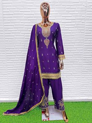 Premium chinon silk embroidered farshi suit set with sequin codding work & dupatta 2