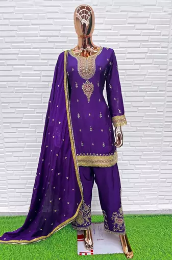 Premium chinon silk embroidered farshi suit set with sequin codding work & dupatta