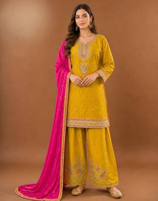 Premium chinon silk embroidered farshi suit set with sequin codding work & dupatta 1