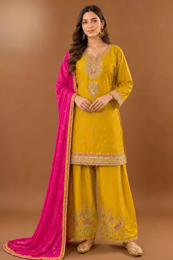 Premium chinon silk embroidered farshi suit set with sequin codding work & dupatta