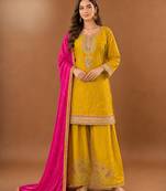 Premium chinon silk embroidered farshi suit set with sequin codding work & dupatta