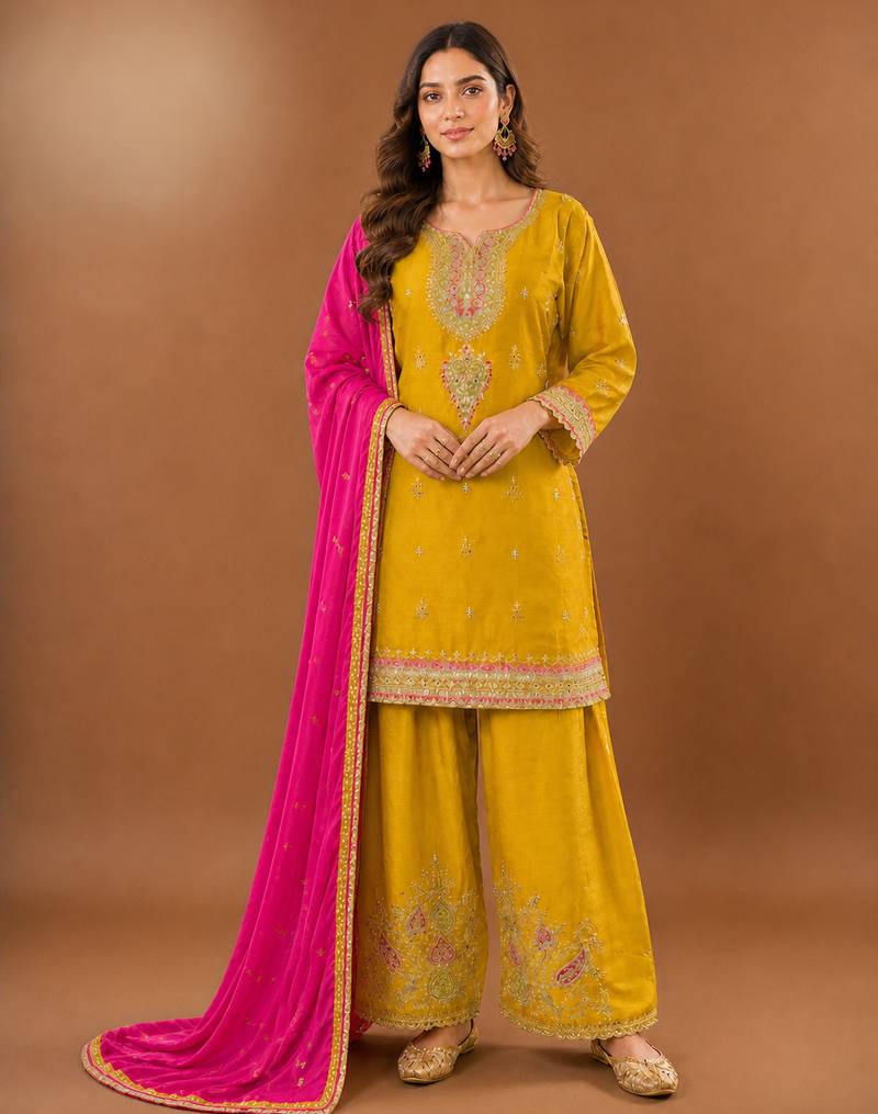 Premium chinon silk embroidered farshi suit set with sequin codding work & dupatta