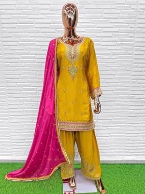 Premium chinon silk embroidered farshi suit set with sequin codding work & dupatta 2