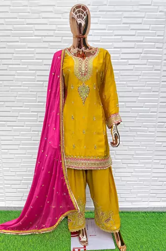 Premium chinon silk embroidered farshi suit set with sequin codding work & dupatta