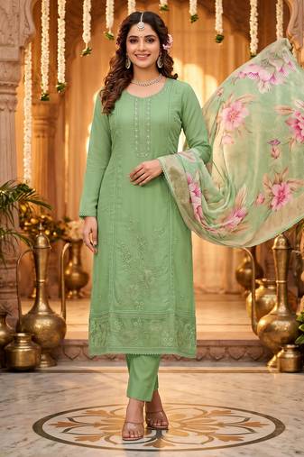 Glass organza embroidered suit set with handwork & muslin banarasi digital dupatta
