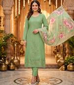 Glass organza embroidered suit set with handwork & muslin banarasi digital dupatta