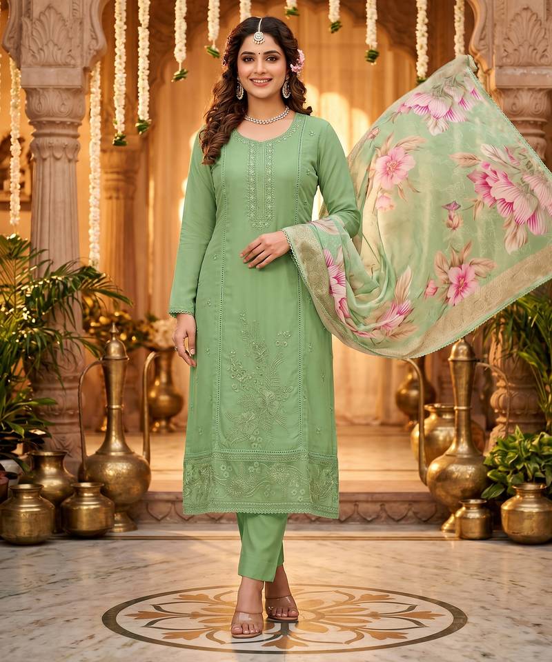Glass organza embroidered suit set with handwork & muslin banarasi digital dupatta