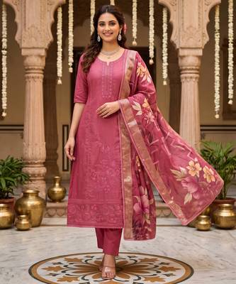 Glass organza embroidered suit set with handwork & muslin banarasi digital dupatta 1