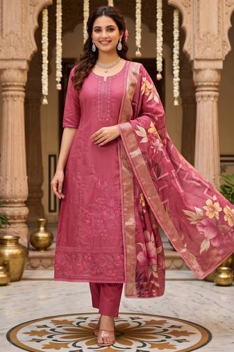 Glass organza embroidered suit set with handwork & muslin banarasi digital dupatta