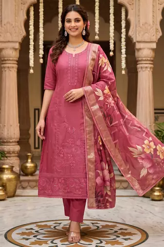 Glass organza embroidered suit set with handwork & muslin banarasi digital dupatta
