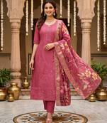 Glass organza embroidered suit set with handwork & muslin banarasi digital dupatta