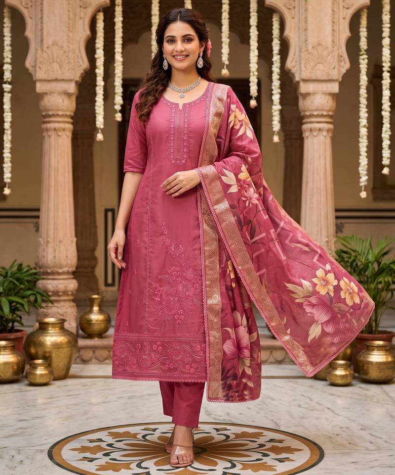 Glass organza embroidered suit set with handwork & muslin banarasi digital dupatta