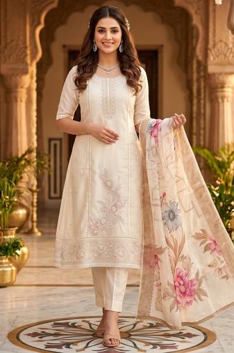Glass organza embroidered suit set with handwork & muslin banarasi digital dupatta