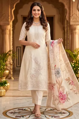 Glass organza embroidered suit set with handwork & muslin banarasi digital dupatta