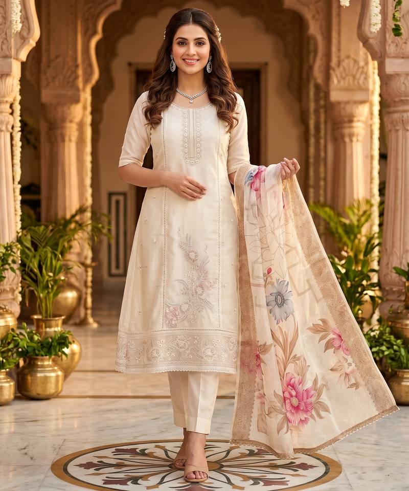 Glass organza embroidered suit set with handwork & muslin banarasi digital dupatta