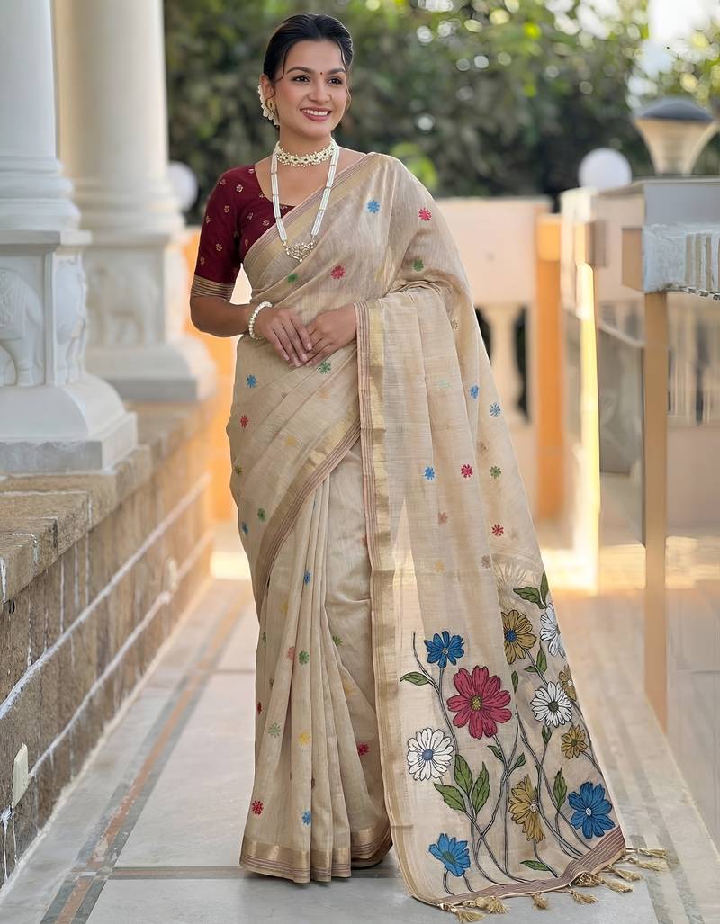 cream cotton woven saree with blouse