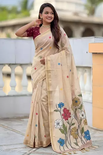 cream cotton woven saree with blouse