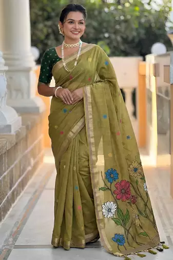mehendi cotton woven saree with blouse