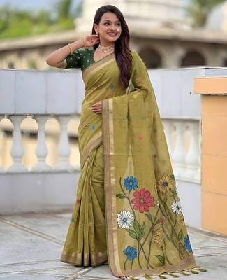 mehendi cotton woven saree with blouse 5
