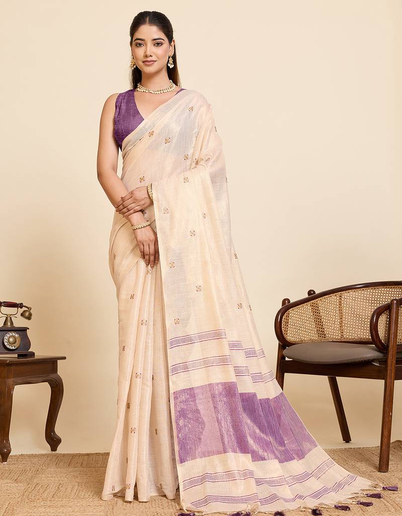 purple linen embroidered saree with blouse
