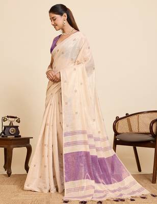 purple linen embroidered saree with blouse 2