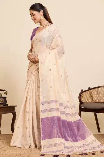 purple linen embroidered saree with blouse