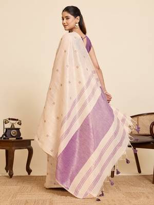 purple linen embroidered saree with blouse 3