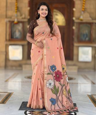 peach cotton woven saree with blouse 5