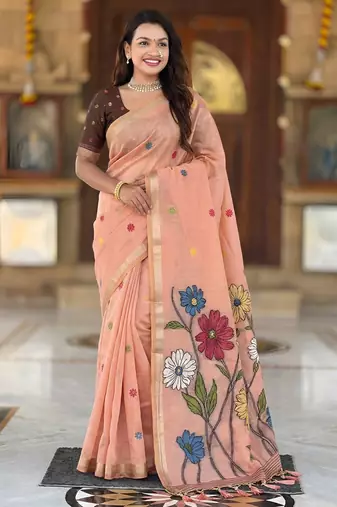 peach cotton woven saree with blouse