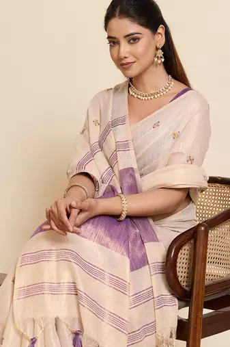 purple linen embroidered saree with blouse
