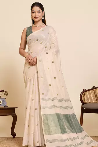 green linen embroidered saree with blouse