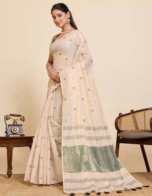 green linen embroidered saree with blouse 2