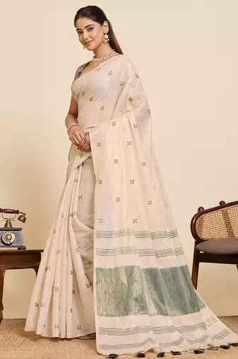green linen embroidered saree with blouse