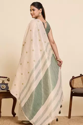 green linen embroidered saree with blouse