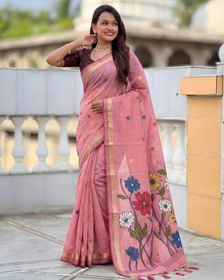 pink cotton woven saree with blouse 2