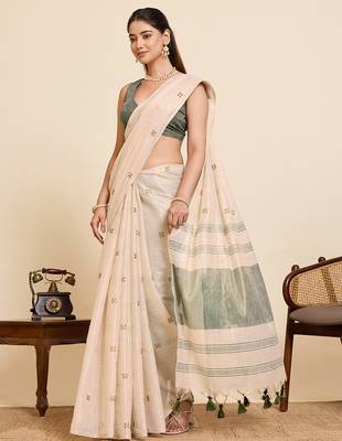 green linen embroidered saree with blouse 4