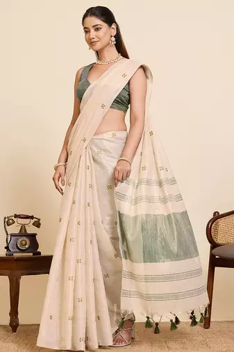 green linen embroidered saree with blouse