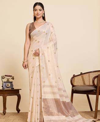 coffee linen embroidered saree with blouse 1