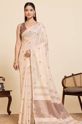coffee linen embroidered saree with blouse