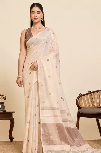 coffee linen embroidered saree with blouse
