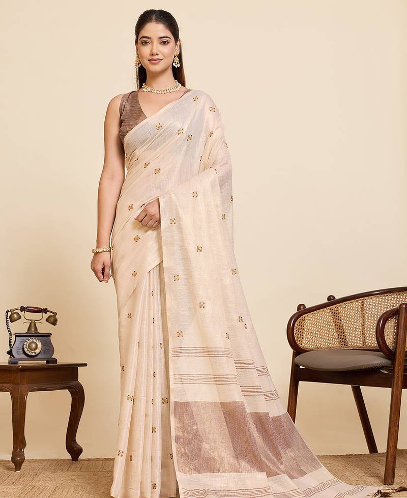 coffee linen embroidered saree with blouse