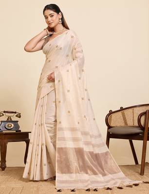 coffee linen embroidered saree with blouse 2